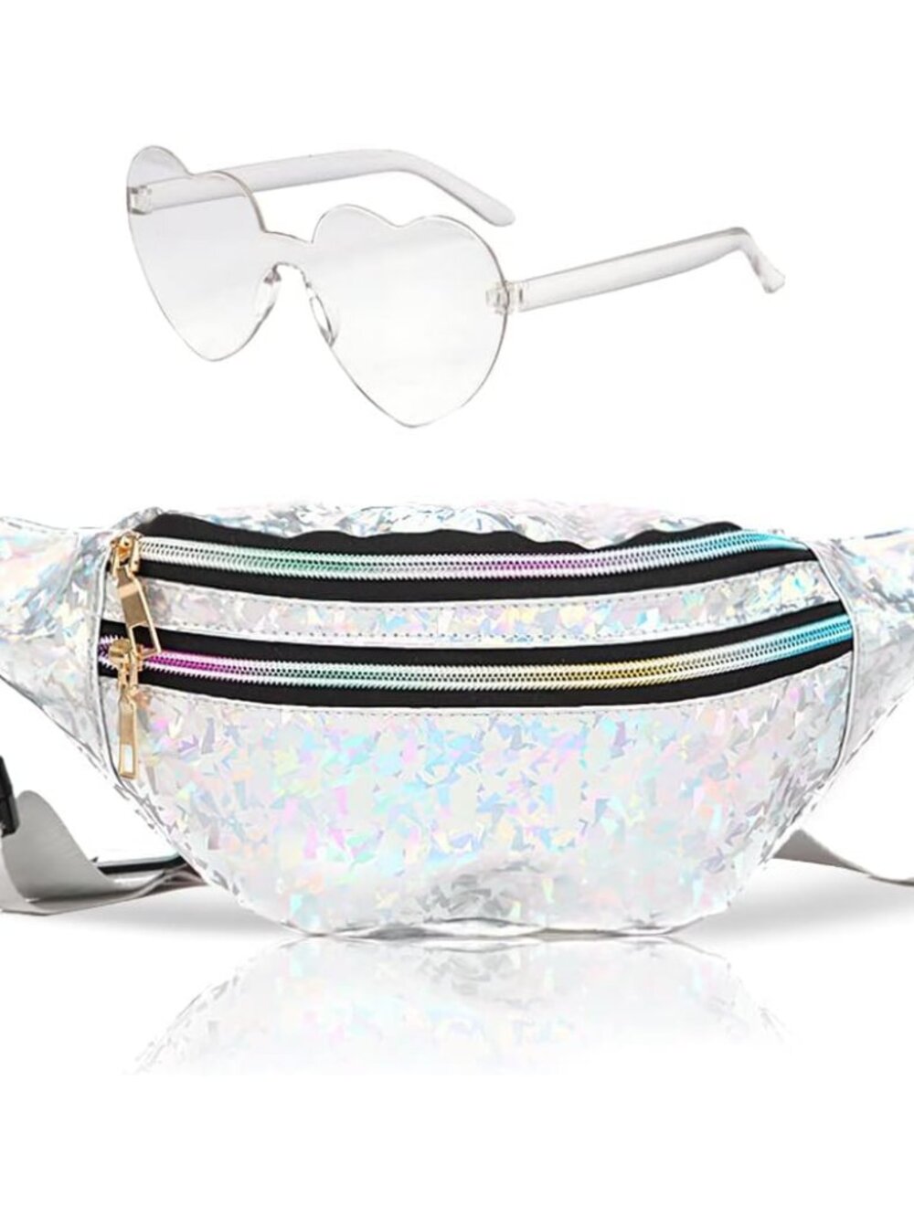 Fanny Pack Holographic with Heart Sunglasses,Waterproof Adjustable Belts Crossbo